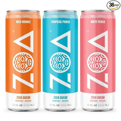 ZOA Zero Sugar Energy Drinks, Tropical Taste Pack - Sugar Free with Electrolytes, Healthy Vitamin C, Amino Acids, Essentia...
