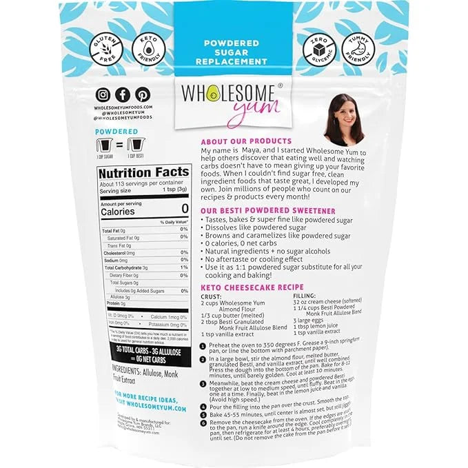 Wholesome Yum Besti Natural Powdered Sugar Substitute - Keto Confectioners Monk Fruit Sweetener Blend With Allulose (No Er...