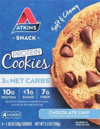 Atkins Chocolate Chip Protein Cookie, Protein Dessert, Rich in Fiber, 3g Net Carb, 1g Sugar, Keto Friendly, 4 Count - Prod...