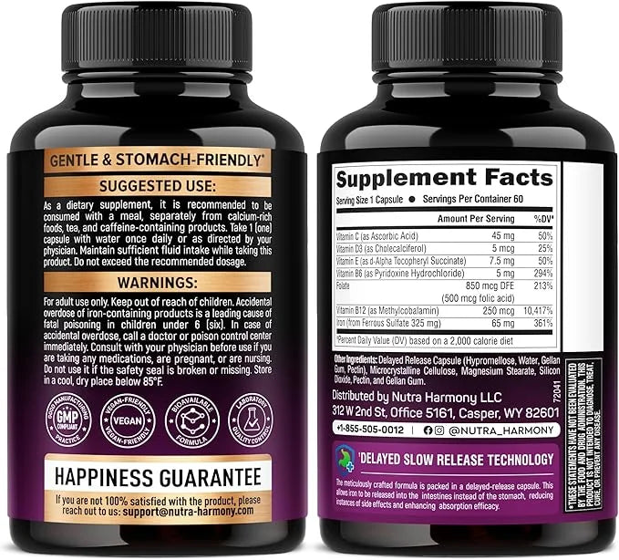 Iron Supplement for Women - Iron 65mg (Ferrous Sulfate 325mg) - Stomach Friendly | Slow Release Iron | High Absorption - V...