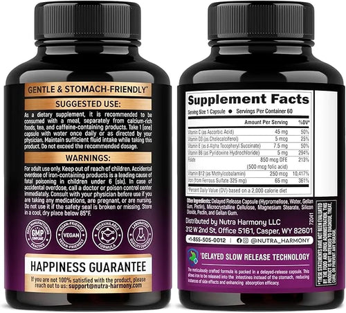 Iron Supplement for Women - Iron 65mg (Ferrous Sulfate 325mg) - Stomach Friendly | Slow Release Iron | High Absorption - V...