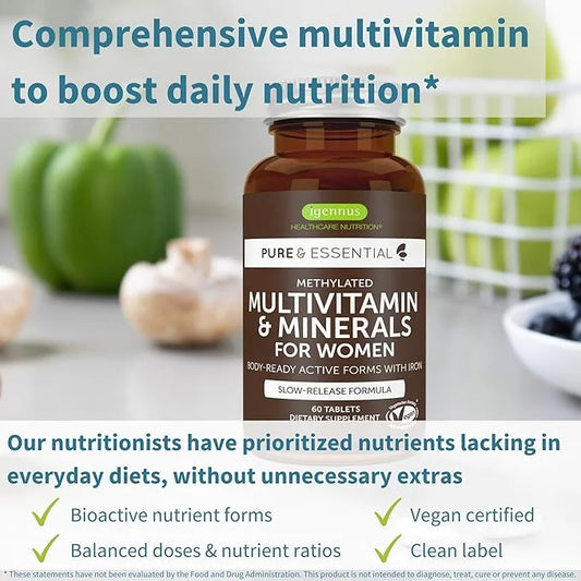 Igennus Methylated Women's Multivitamin, Methylated Folate for MTHFR, Clean Label & Sustained Release, with Iron, Non-GMO,...