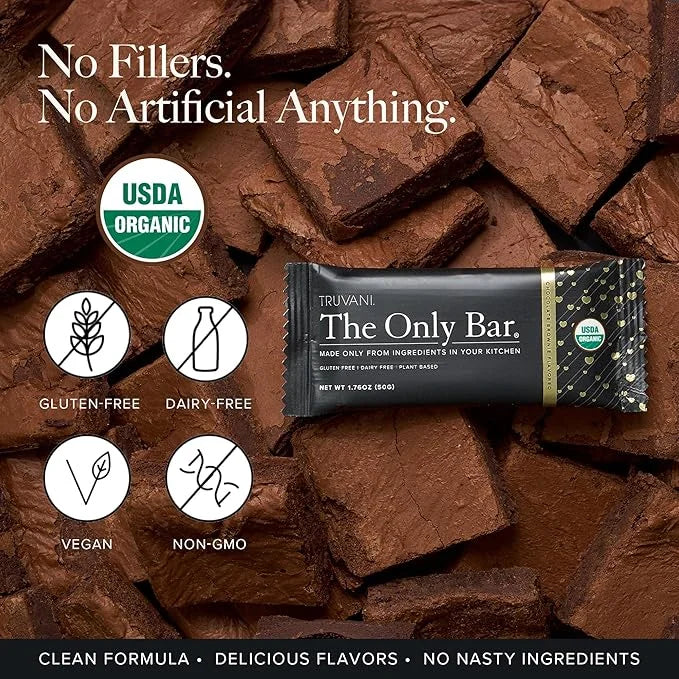 Truvani Plant Based Snack Bars | Chocolate Brownie 1 Pack | 7g Protein | USDA Organic and Vegan | The Only Bar | Dairy, So...