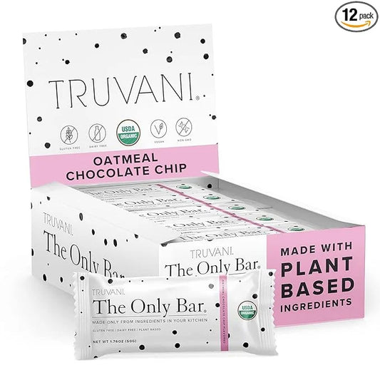 Truvani Plant Based Snack Bars | Oatmeal Chocolate Chip 12 Pack | 6g Protein | USDA Organic and Vegan | The Only Bar | Dai...