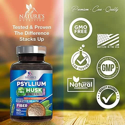 Psyllium Husk Capsules 1450mg, Natural Soluble 180 Capsules