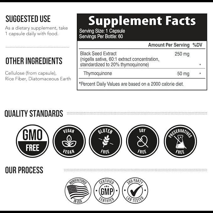 20% Thymoquinone Black Seed Oil Extract Capsules - TQ-Advanced 4X®: Highest Thymoquinone Concentration Available - 60:1 Co...
