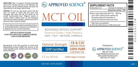 Approved Science® MCT Oil - Pure Medium-Chain Triglyceride (MCT) Oil derived from Coconuts with Caprylic Acid (C8) and Cap...