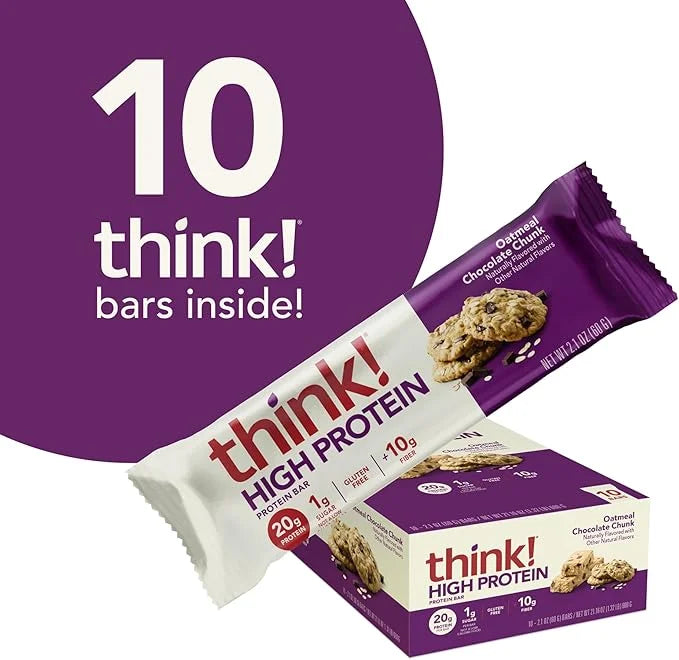 think! Protein Bars, High Protein Snacks, Gluten Free, High Fiber, Oatmeal Chocolate Chunk, 10 Count - Product Image