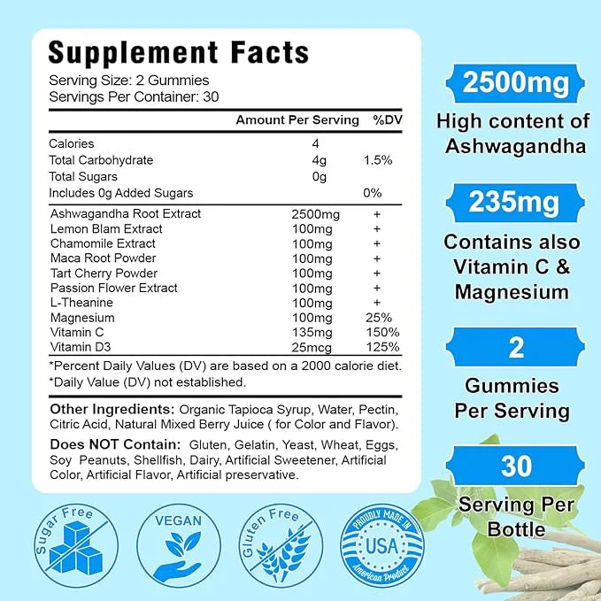 2 Pack Ashwagandha Gummies for Women 2500mg Organic 120 Count
