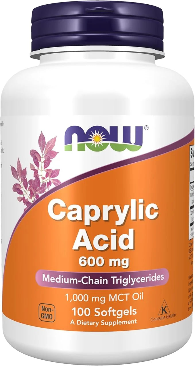 NOW Foods Supplements, Caprylic Acid 600 mg, MCT (Medium-Chain Triglycerides), 100 Softgels - Product Image