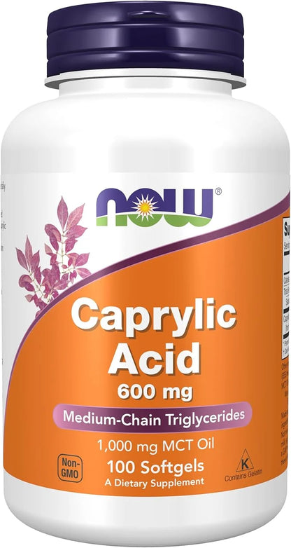 NOW Foods Supplements, Caprylic Acid 600 mg, MCT (Medium-Chain Triglycerides), 100 Softgels - Product Image
