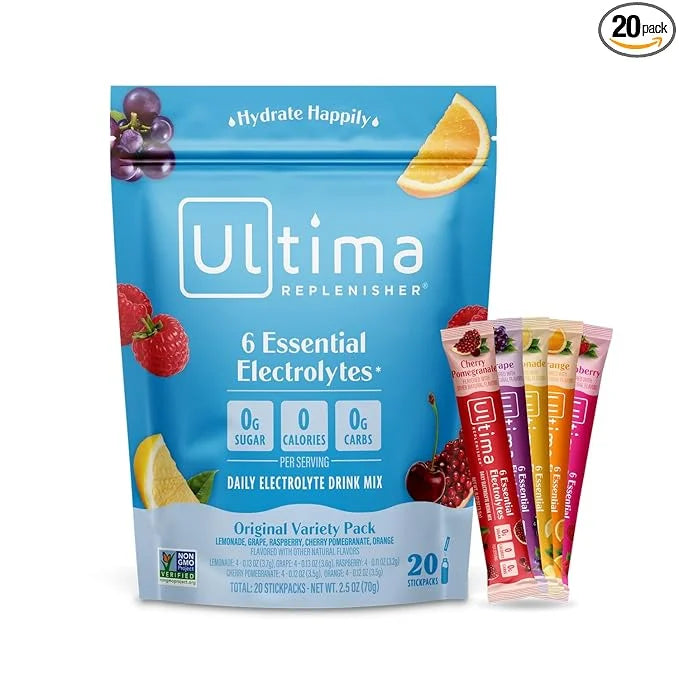 Ultima Replenisher Daily Electrolyte Powder Drink Mix – Original Variety, 20 Stickpacks – Hydration Packets with 6 Electro...