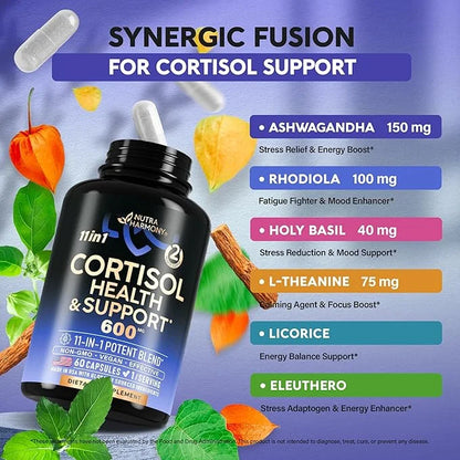 Cortisol Supplement for Women - Natural Based Hormone Balance - Ashwagandha | Rhodiola | Holy Basil | L-Theanine - Mood, F...