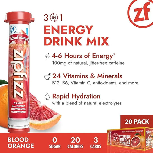 Zipfizz Daily Energy Drink Powder, Blood Orange, 20 Pack | 3-in-1 Sustained Energy, Rapid Hydration, and Essential Vitamin...