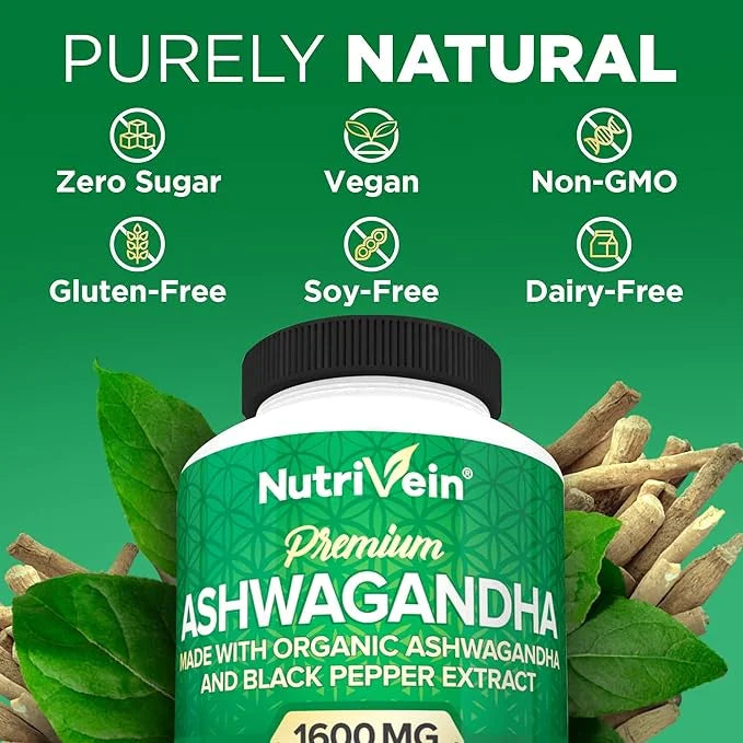 Nutrivein Organic Ashwagandha Capsules 1600mg 120 Vegan 100% Pure
