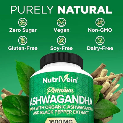 Nutrivein Organic Ashwagandha Capsules 1600mg 120 Vegan 100% Pure
