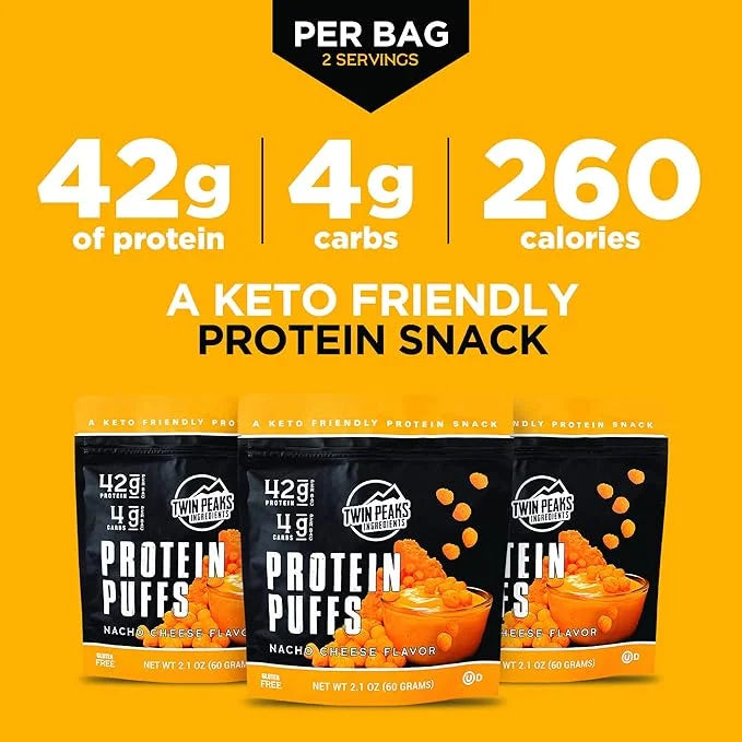 Twin Peaks Low Carb, Keto Friendly Protein Puffs, (Nacho Cheese), 2 Servings, 3 Pack (60g, 42g Protein, 4g Carbs) - Produc...