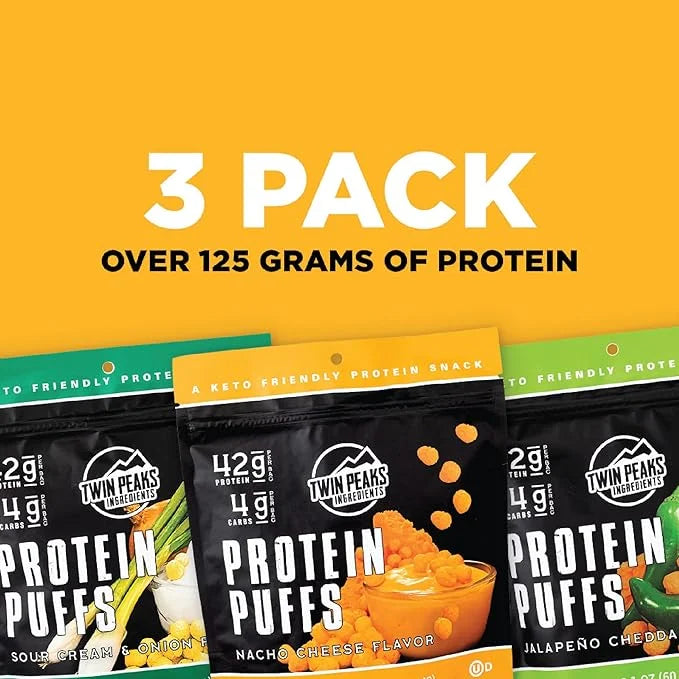 Twin Peaks Low Carb, Keto Friendly Protein Puffs, (Combo Pack, 2.1 Ounce), 2 Servings, 3 Pack (60g, 42g Protein, 4g Carbs)...