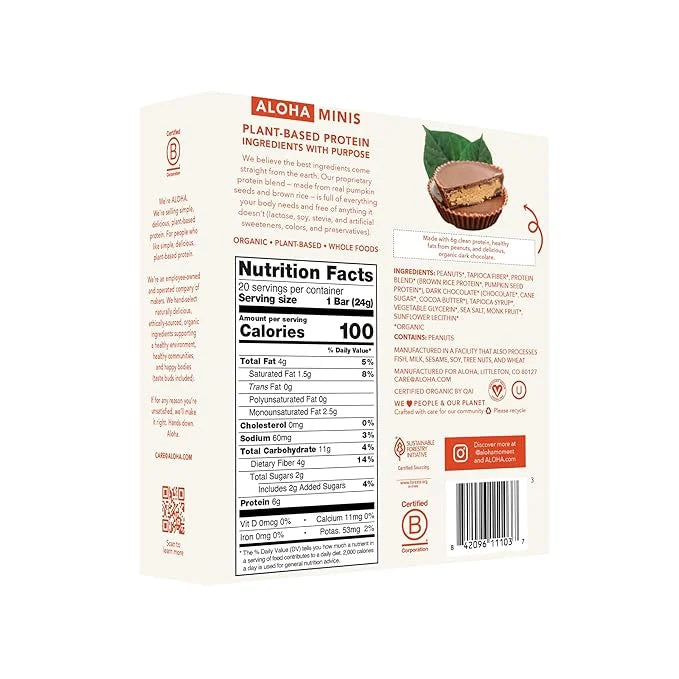 ALOHA Organic Plant Based Protein Bar MINIS |Peanut Butter Cup | 20 Count, 24g Bars | Vegan, Low Sugar, Gluten Free, Low C...