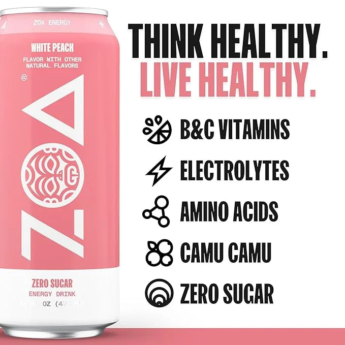 ZOA Zero Sugar Energy Drinks, White Peach - Sugar Free with Electrolytes, Healthy Vitamin C, Amino Acids, Essential B-Vita...