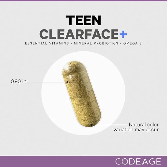 Codeage Teen Clearface Adolescent Face, Skin & Pimples, Vitamins A, C, D3, E, Pantothenic Acid, Niacin, Zinc Supplement Te...
