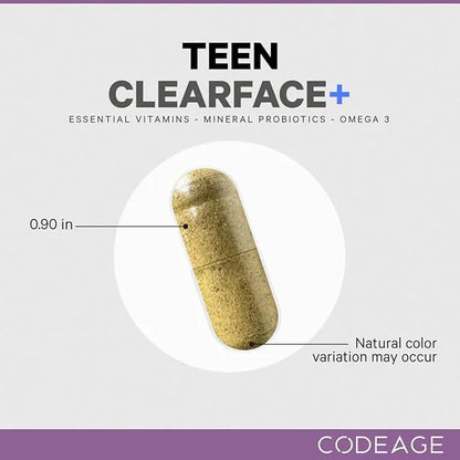 Codeage Teen Clearface Adolescent Face, Skin & Pimples, Vitamins A, C, D3, E, Pantothenic Acid, Niacin, Zinc Supplement Te...