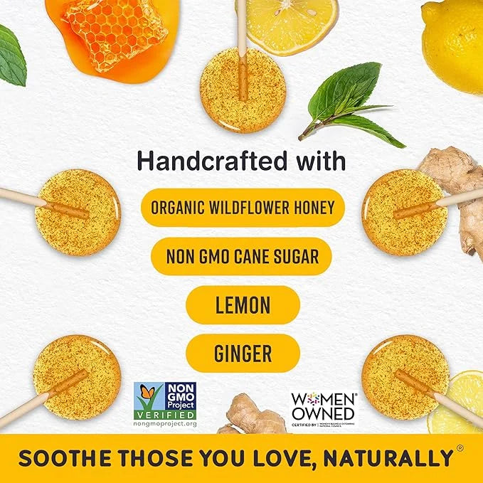 MommaBear Motion Sickness Lollipop - Natural Lollipops with Organic Honey, Lemon & Ginger - Stomach Upset Suckers for Adul...