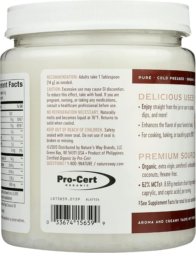 Nature's Way Organic Extra Virgin Coconut Oil, Pure Source of MCTs, Cold-Pressed, 32 Oz. - Product Image