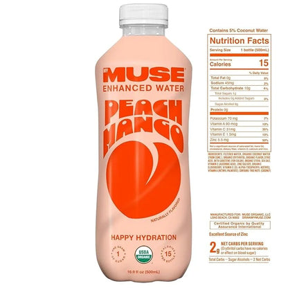MyMuse Organic Enhanced Flavored Water, Peach Mango, 16.9oz Bottle (12 Pack), Zero Sugar Added, With Zinc, Vitamin A, C & ...