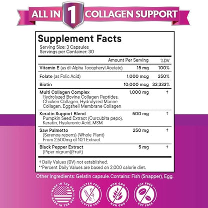 Collagen Pills 1000mg Biotin 10000mcg Keratin 2500mg Hyaluronic 180 Count