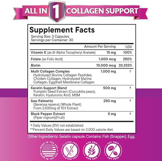 Collagen Pills 1000mg Biotin 10000mcg Keratin 2500mg Hyaluronic 180 Count