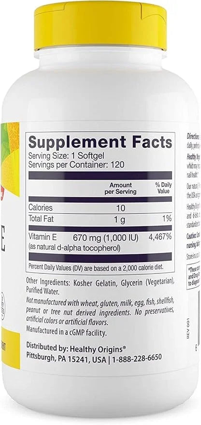Healthy Origins Vitamin E, 1,000 IU 120 Softgels