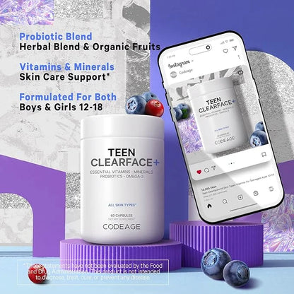 Codeage Teen Clearface Adolescent Face, Skin & Pimples, Vitamins A, C, D3, E, Pantothenic Acid, Niacin, Zinc Supplement Te...