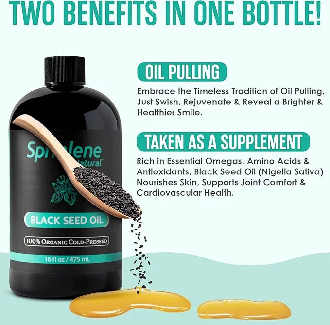 SprinJene Natural® 100% Pure Organic Black Seed Oil Cold Pressed for Oral Wellness, Nigella Sativa Black Seed Oil, Black C...