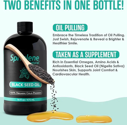 SprinJene Natural® 100% Pure Organic Black Seed Oil Cold Pressed for Oral Wellness, Nigella Sativa Black Seed Oil, Black C...
