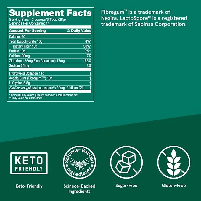 Bulletproof Unflavored Gut Health Collagen Protein, 14 Ounces, 10g Grass-Fed 2 Billion 10g Prebiotics