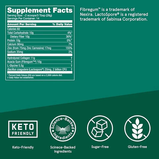 Bulletproof Unflavored Gut Health Collagen Protein, 14 Ounces, 10g Grass-Fed 2 Billion 10g Prebiotics