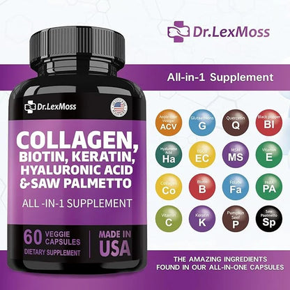 Collagen Pills 1000mg Biotin 10000mcg Keratin 2500mg Hyaluronic 60 Capsules