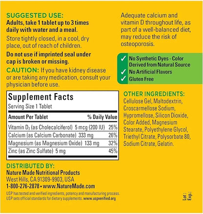 Nature Made Calcium Magnesium Zinc D3, Dietary 300 Tablets