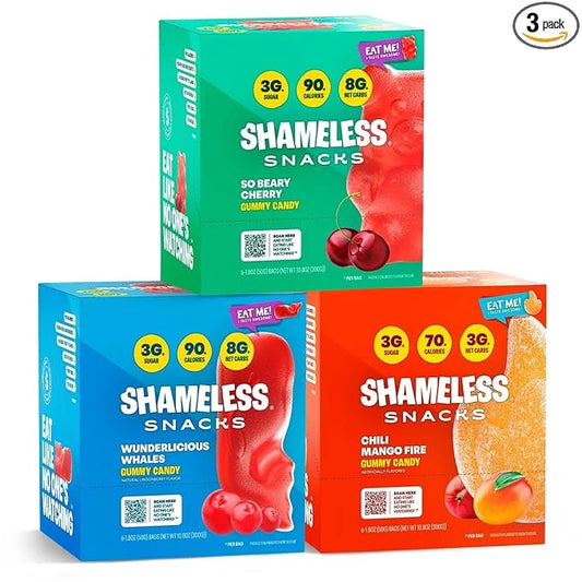Shameless Snacks New Flavors Bundle Healthy Low Carb Keto Gummies Beary Cherry, Wunderlicious Whales and Chilli Mango - Pr...