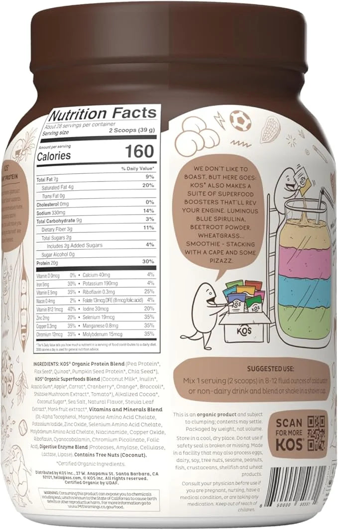 KOS Vegan Protein Powder Erythritol Free, Chocolate 28 Servings