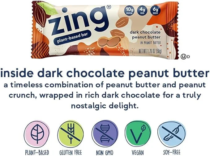 Zing Dark Chocolate Peanut Butter Vegan Protein Bars, Gluten Free with High Protein, High Fiber, Dairy Free Nutrition Bars...
