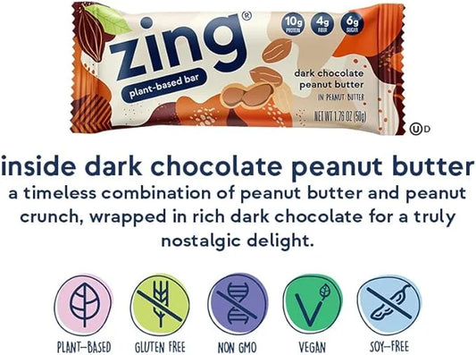Zing Dark Chocolate Peanut Butter Vegan Protein Bars, Gluten Free with High Protein, High Fiber, Dairy Free Nutrition Bars...