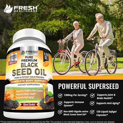 FRESH HEALTHCARE Black Seed Oil Capsules Cold Pressed 1300mg - 100% Pure Non-GMO Nigella Sativa - Immune & Joint Support -...