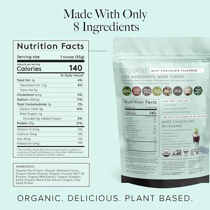 Truvani Vegan Pea Protein Powder | Mint Chocolate | 20g Organic Plant Based Protein | 20 Servings | Keto | Gluten & Dairy ...