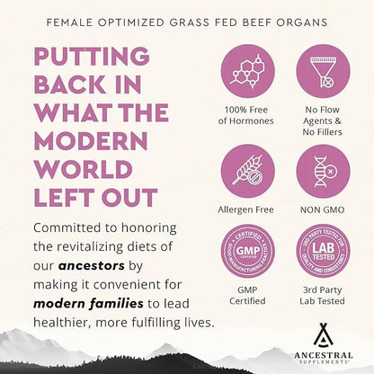 Ancestral Supplements Grass Fed FEM Liver Supplement for Women with Collagen, CoQ10, Vitamin B12, Joint Support Bone Marro...