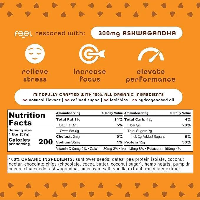 Feel Vegan Protein Bars | Sunbutta Chocolate Chip | Keto | Gluten Free | Organic | Ashwagandha | 15g Plant Protein | Low C...