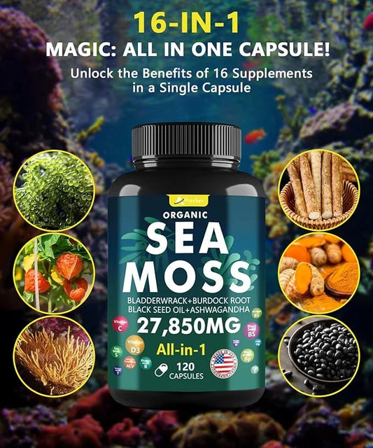 Irish Sea Moss Capsules 120 Count - Advanced Sea Moss Pills with Black Seed Oil, Ashwagandha, Ginger, Bladderwrack, Elderb...