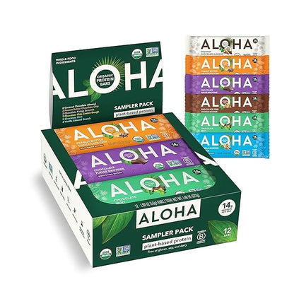 ALOHA Organic Plant Based Protein Bars - 6 Flavor Variety Pack - 12 Count, 1.9oz Bars - Vegan Snacks, Low Sugar, Gluten-Fr...