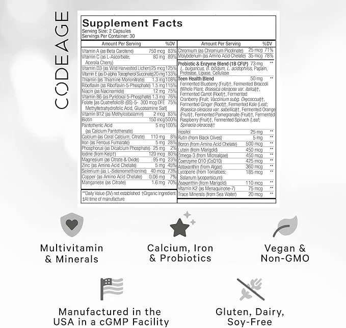 Codeage Teen’s Daily Multivitamin Supplement, 25+ Omega-3, 60 60 Ct